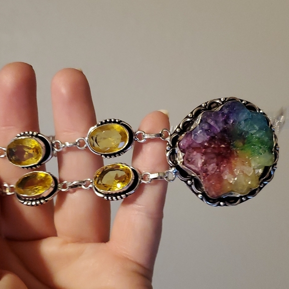 New Rainbow Solar Quartz Agate Druzy & Citrine 925 Silver Necklace. - Picture 4 of 4